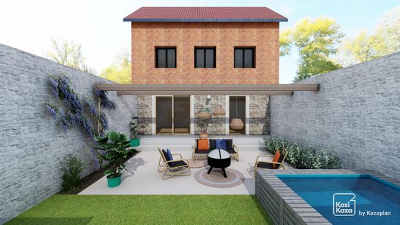 Exemplo de plano 3D de casa boêmia com salão de jardim