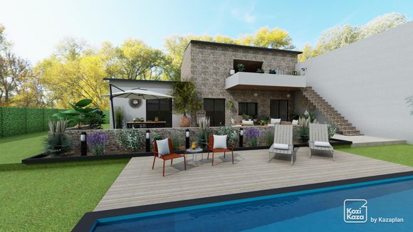 Exemplo de plano 3D de casa portuguesa com salão de jardim e piscina