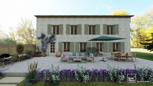 Exemplo de plano 3D de casa temática de natureza com salão de jardim
