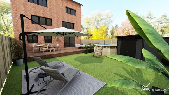 Exemplo de plano 3D de jardim com abrigo de jardim e piscina
