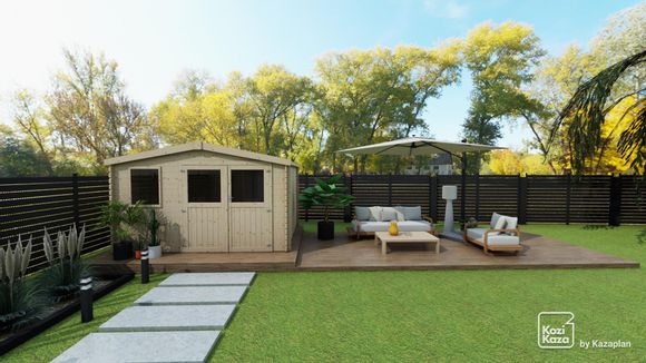 Modelo de plano 3D de jardim e abrigo de jardim com guarda-sol