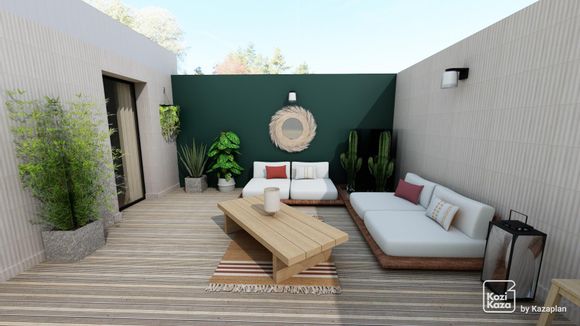 Exemplo de plano 3D de rooftop boêmio com salão de jardim