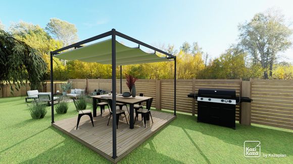 Exemplo de plano 3D de salão de jardim com pérgola