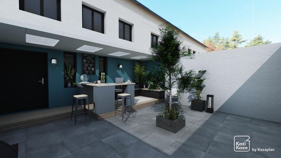 Exemplo de plano 3D de salão de jardim moderno com bar