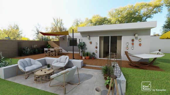 Exemplo de plano 3D de terraço com salão de jardim estilo boêmio
