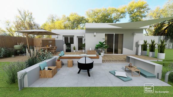 Exemplo de plano 3D de terraço com salão de jardim temático de natureza